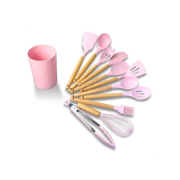 Kit C/12 Utensílios De Cozinha Silicone Cabo Madeira