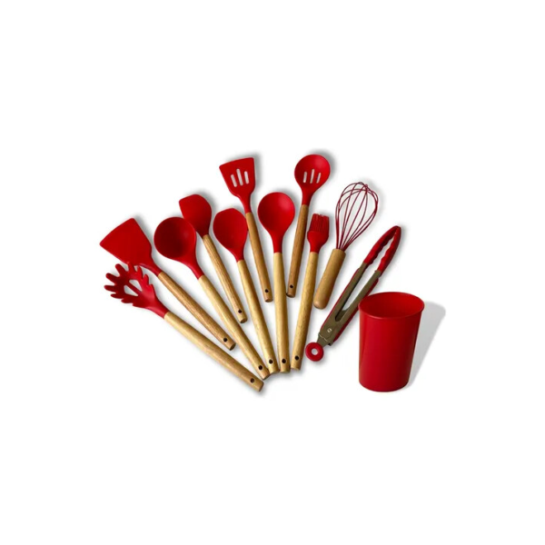 Kit C/12 Utensílios De Cozinha Silicone Cabo Madeira