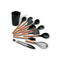 Kit C/12 Utensílios De Cozinha Silicone Cabo Madeira