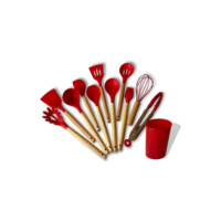 Kit C/12 Utensílios De Cozinha Silicone Cabo Madeira