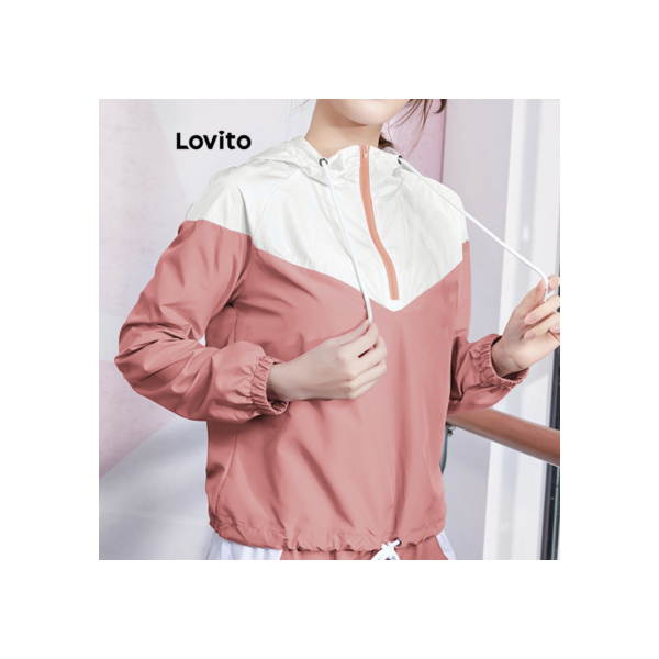 Lovito Esportivo Jaqueta Feminina de Patchwork Colorblock com Cordão e Zíper LNL56061