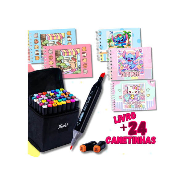 Kit 24 Canetinhas + Livro De Colorir Capa Dura Stitch Angel Hello Kitty Outros 50 desenhos Páginas 180g A5