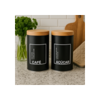 Kit Porta Condimentos Café Açúcar Lata Organizador Cozinha Tampa Madeira Decoração Moderna Pote