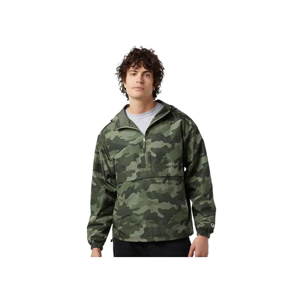 Champion CO200 Jaqueta masculina com capuz e zíper, leve, resistente ao vento e à água, com capuz ajustável (EUA, alfa, grande, regular, regular, camuflagem verde-oliva), Camuflagem verde-oliva, G