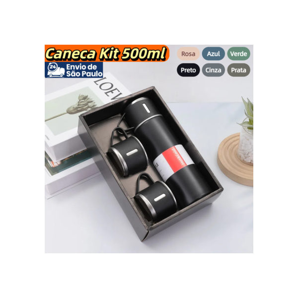 Caneca Kit Garrafa Térmica Vacuum Bottle Inox 500ml + 3 Xícaras Bebidas Fria ou Quente