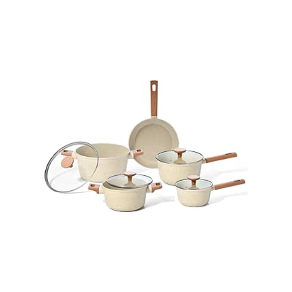 Oikos - Jogo Panelas Antiaderente Ultra Ceramic 5 Peças para Fogão por Indução, a Gás, Elétrico e Vitrocerâmico Cor Bege Mou Pitaya