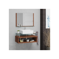 Conjunto Armário de Banheiro Jade 60cm MDF + Espelheira + Cuba com Tampo de Vidro Temperado