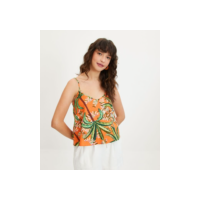 Blusa de Alça em Linho com Estampa de Folhagens Tropicais Laranja