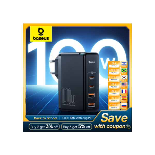 Baseus-GaN USB tipo C PD carregador rápido, carga rápida 4.0, 3.0, 100W, carregador de telefone para MacBook Laptop, iPhone 15, 14