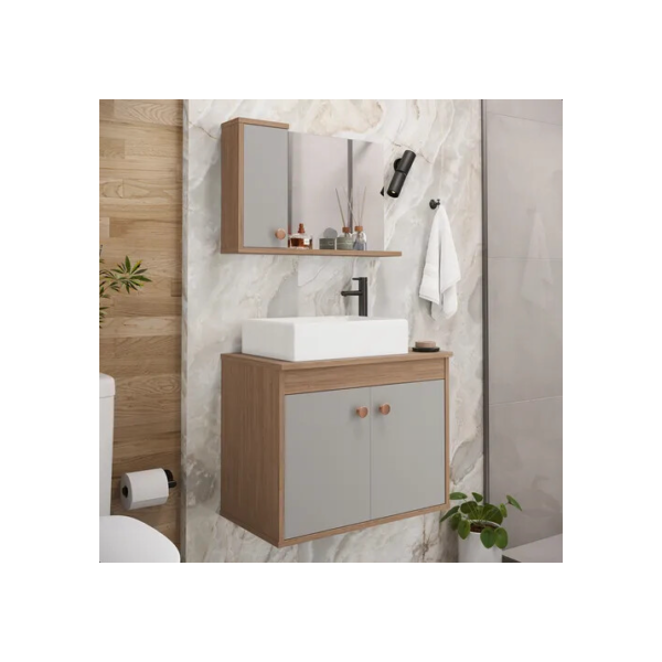 Conjunto Gabinete Armário Banheiro Balcão Completo Com Cuba - Avelato Cinza - Branco - Um Furo