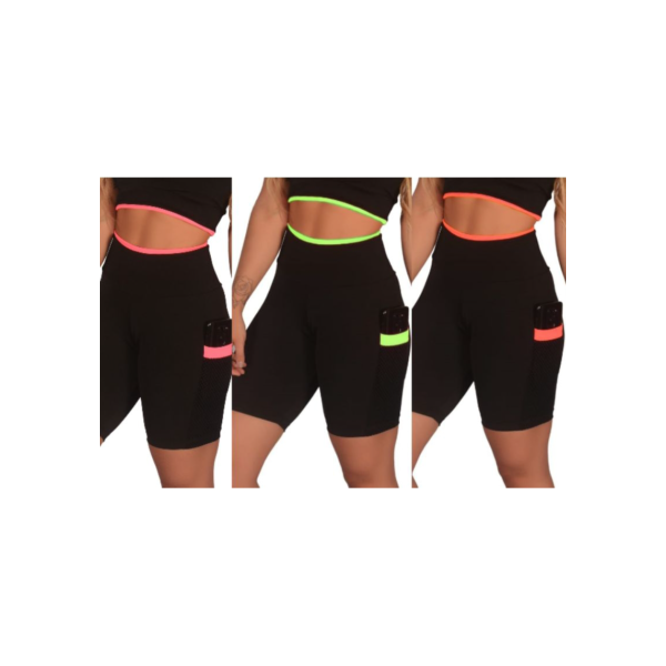Kit 3 Short Feminino Fitness Academia com Bolso de Tela Porta Celular | B004
