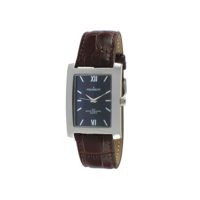 Peugeot Relógio de pulso masculino retangular texturizado com numerais romanos e pulseira de couro, Mostrador azul/marrom, medium, Clássico