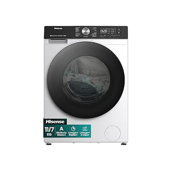 Hisense Lava e Seca, 11kg Lavagem/7kg Secagem, Wi-Fi, Steam, 13 Programas, Motor Inverter, Painel Touch, Branca WD3S11-220V
