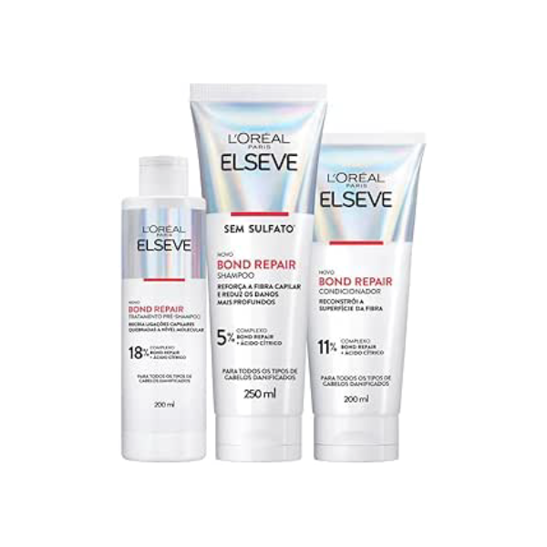 L'Oréal Paris Elseve Bond Repair Kit Tratamento Completo Reparação Molecular com Ácido Cítrico, Reconstrói Ligações e Devolve Força aos Cabelos Danificados (Pré-Shampoo + Shampoo + Condicionador)