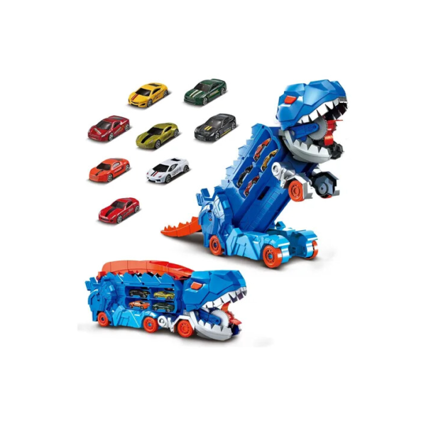 Caminhão Dinossauro Pista Com Carrinhos Maleta Transporte Cor Azul