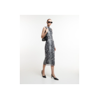 Vestido New Midi em Tule com Golinha e Drapeado Lateral Cinza