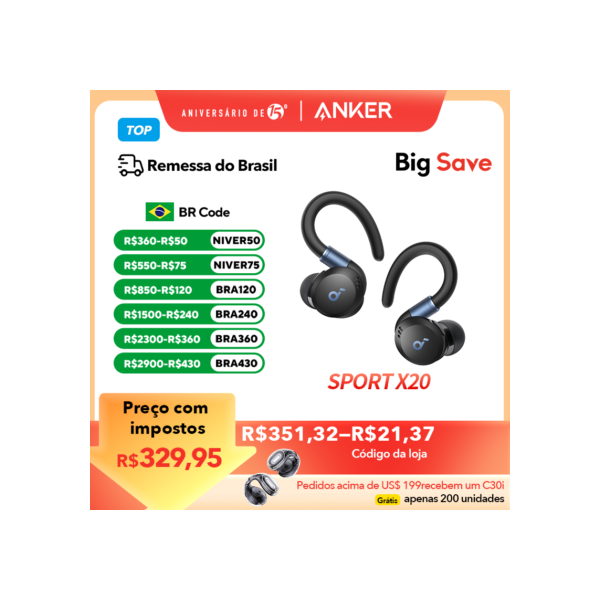 Soundcore by Anker Sport X20 True-Wireless Workout Fones de ouvido Ganchos de ouvido Fone de ouvido Bluetooth sem fio Fones de ouvido Bluetooth