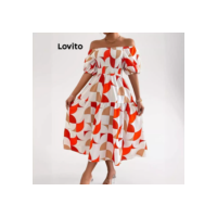 Lovito Vestido Elegante Geométrico Smocked Vestido De Verão/Primavera Para Mulheres LNL75542