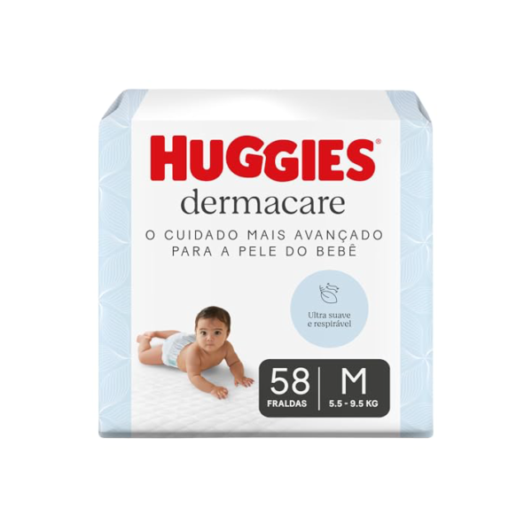 Fralda Huggies Premium Dermacare Tamanho M - 58 Fraldas Premium com formato anatômico, materiais ultra macios e respiráveis. Super absorção de até 12 horas e ajuda previnir assaduras