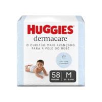 Fralda Huggies Premium Dermacare Tamanho M - 58 Fraldas Premium com formato anatômico, materiais ultra macios e respiráveis. Super absorção de até 12 horas e ajuda previnir assaduras