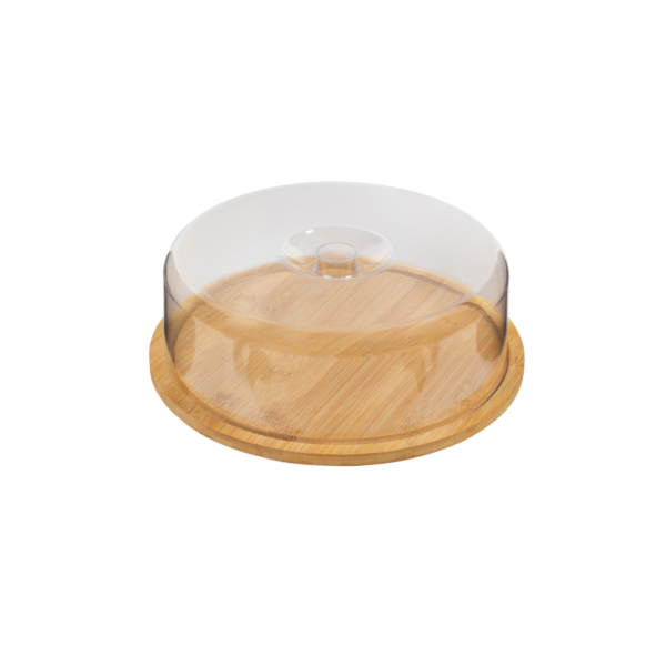 Boleira Bambu Com Tampa Em Acrílico Porta Bolo Para Bolo Torta Pudim Queijo 28cm