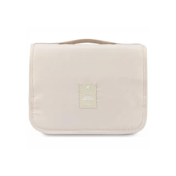 Bolsa Necessaire Maquiagem Cosméticos Viagem Com Divisória e Cabide para Pendurar Organizador de Maquiagem Shampoo Perfumes Higiene Pessoal (Bege)
