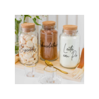 Kit Cantinho do Café - Achocolatado, Leite em Pó e Biscoitos | 3 potes de Vidro 810ml com Tampa Rolha + Adesivos