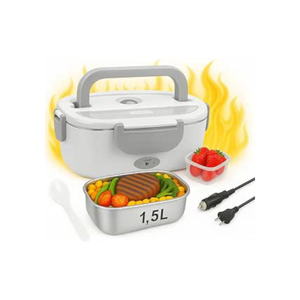 Marmita Elétrica Portátil Bivolt + 12V/24V – Com Aquecimento Rápido, Compartimentos e Tampa Vedada para Carro, Caminhão e Casa (Branco com Cinza)