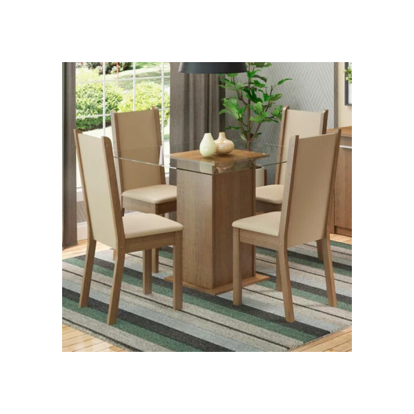 Sala de Jantar Madesa Aline Mesa Tampo de Vidro 4 Cadeiras Cor Rustic Crema Pérola 045747G4TPER