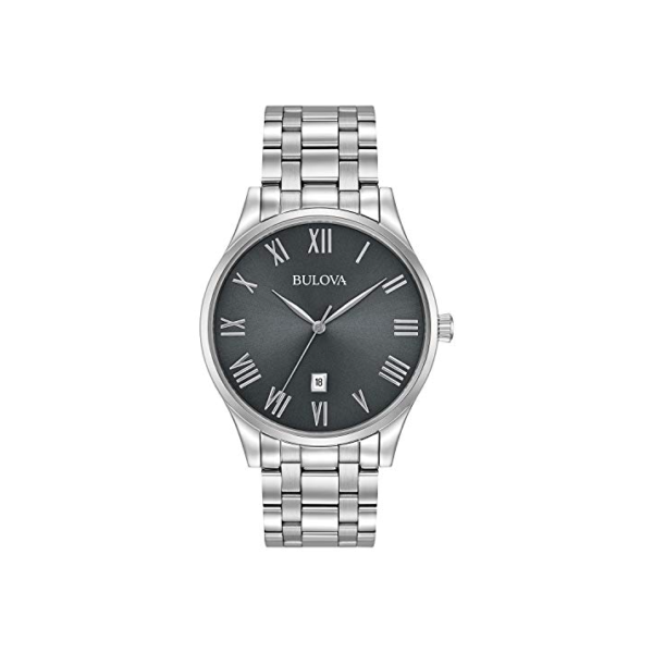Bulova Relógio masculino clássico de aço inoxidável com 3 ponteiros e calendário, mostrador cinza com numerais romanos estilo: 96B261, Aço inoxidável, Pulseira clássica de aço inoxidável prata de quartzo Sutton