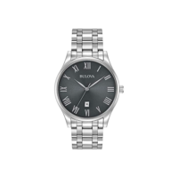 Bulova Relógio masculino clássico de aço inoxidável com 3 ponteiros e calendário, mostrador cinza com numerais romanos estilo: 96B261, Aço inoxidável, Pulseira clássica de aço inoxidável prata de quartzo Sutton