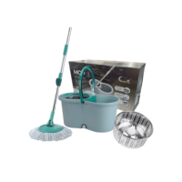 Mop Em Inox Com Cabo de 140cm Refil Rodinhas e Cesto Balde Centrifuga
