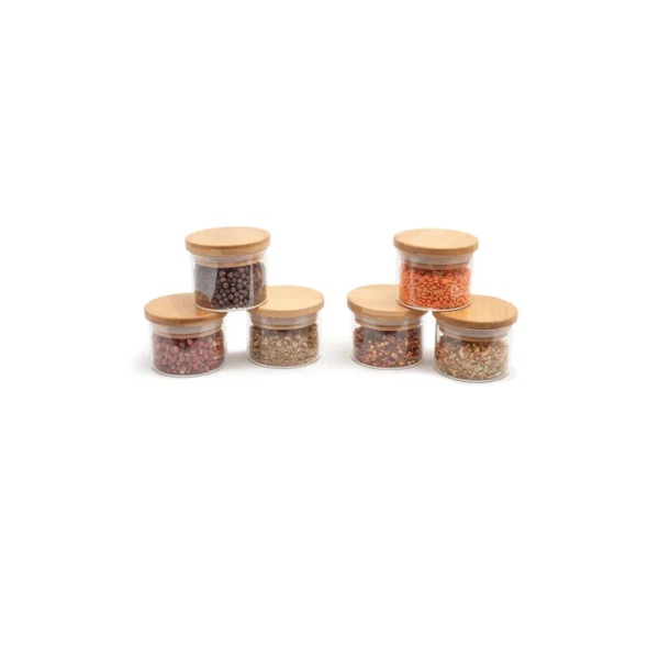 Kit 6 Potes Mantimento Tempero 110ml Vidro Tampa Bambu Oikos