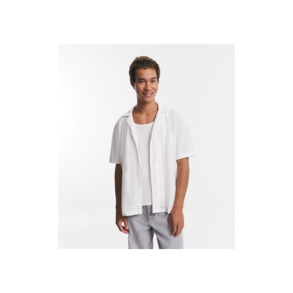 Camisa Boxy em Malha com Bordado e Vazadinhos Branco