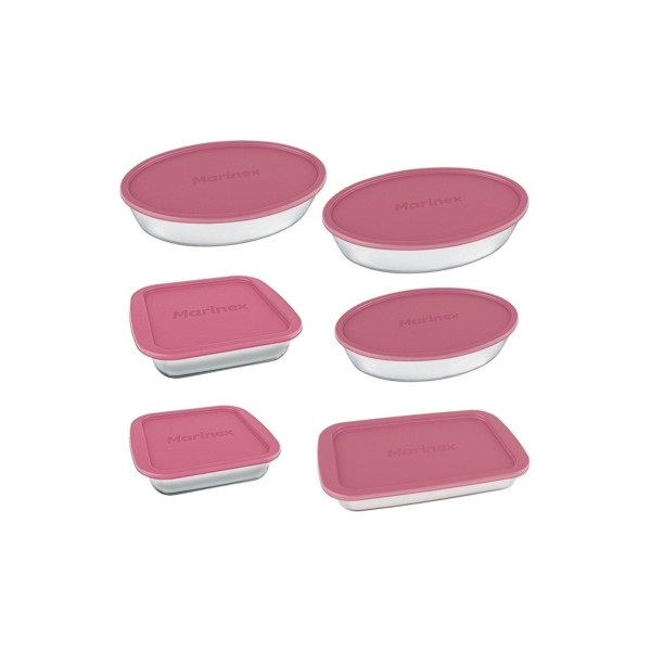 Conjunto de Assadeiras de Vidro Marinex | Com Tampa Rosa 6 Peças
