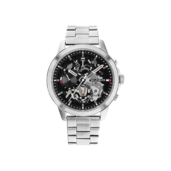 Tommy Hilfiger Relógio automático masculino – Aço inoxidável, resistente à água de 5 ATM, relógio moderno e elegante, presente para ele, 43 mm, Prata - Preto, Vestido