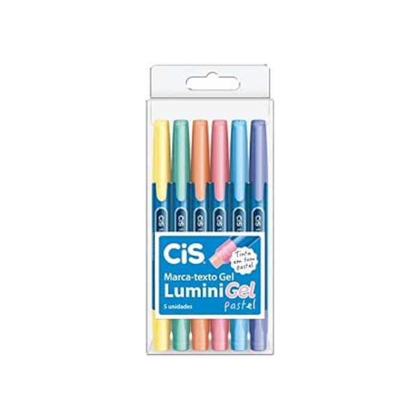 Caneta Marca Texto Gel, CiS, Lumini Gel Pastel, 6 Cores Tons Pastel