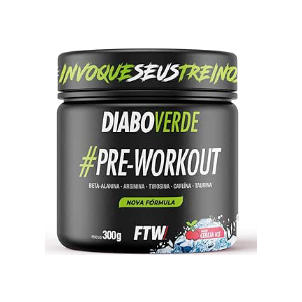 FTW Pré-Treino Diabo Verde em Pó com Cafeína, Aminoácidos Beta‑Alanina e Arginina para Treinos e Atividades Físicas - Pote 300 g (Sabor: Cereja Ice)