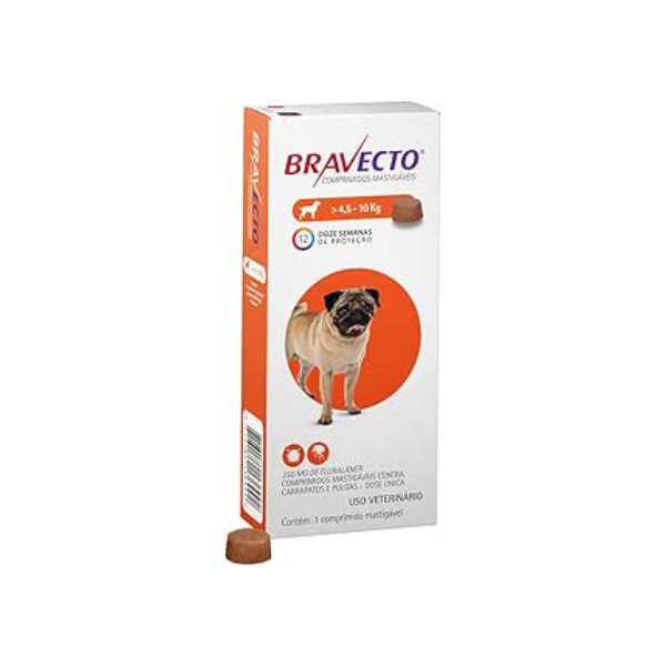Bravecto® Cães 250mg - Antipulgas e Carrapatos - Cães de 4,5 a 10kg - 1 Comp. Mastigável - MSD Saúde Animal