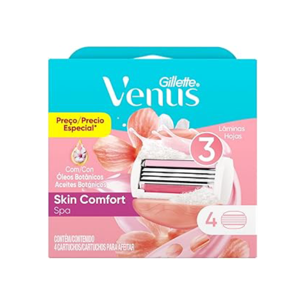 Gillette Venus Skin Comfort Spa Carga para Aparelho de Depilação com Barras Umectantes e Óleos Botânicos, 4 Uds