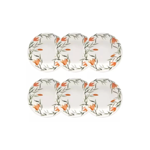Conjunto De 6 Pratos Fundos 21,5 Cm Donna Lírios Biona Cor Verde, Laranja e Off White Florido