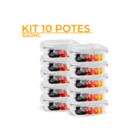 Kit 10 Potes de Vidro 640ml Hermético Marmita Fit com Tampa 4 Travas