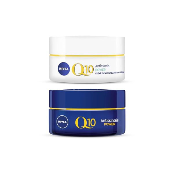 NIVEA KIT Creme Facial Pele Oleosa Q10 Power Dia (50g) + Creme Facial Antissinais Q10 Power Noite (49g), Kit Antissinais