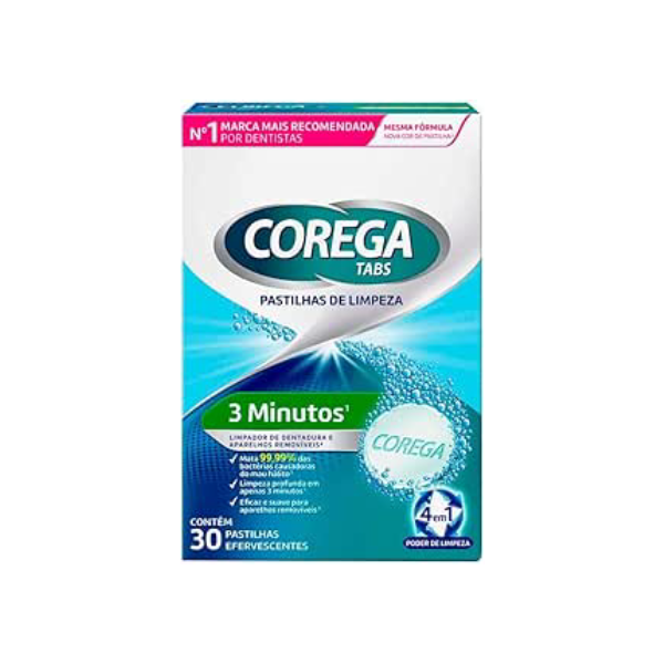 Corega Tabs Pastilhas Efervescentes para Limpeza de Aparelhos Removíveis e Próteses Dentárias, 30 unidades