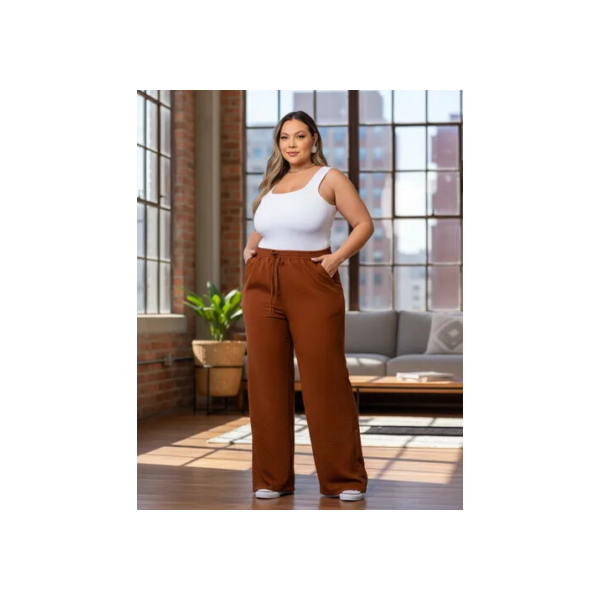 Calça Pantalona Plus Size Duna Com Elastico Na Cintura