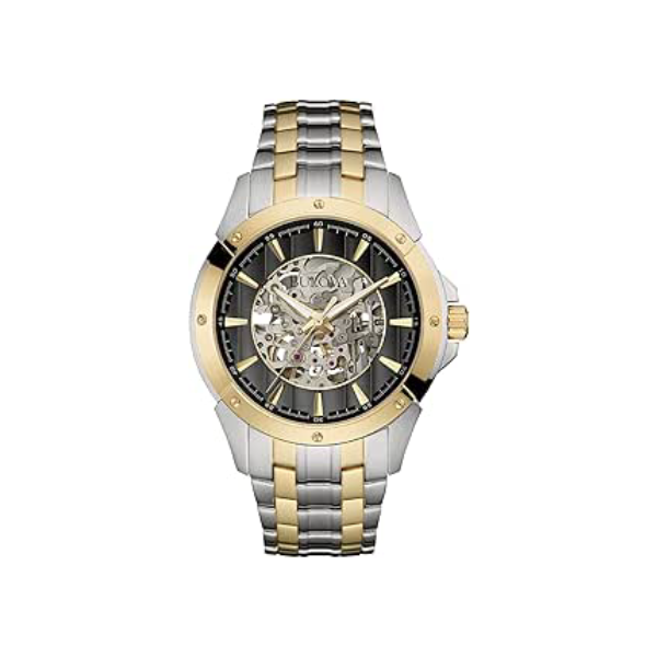 Bulova Relógio masculino clássico de aço inoxidável de dois tons automático com 3 ponteiros, mostrador esqueleto, 43 mm Estilo: 98A146, Dois tons, Pulseira de aço inoxidável