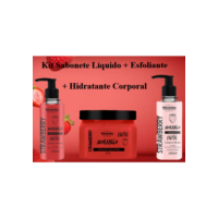 KIT SABONETE LÍQUIDO + ESFOLIANTE + HIDRATANTE CORPORAL - MORANGO - RHENUKS