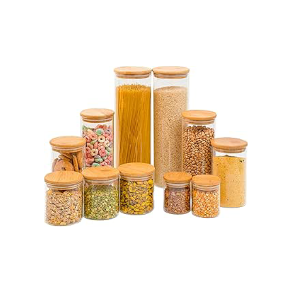 Kit 11 potes de vidro com tampa de bambu herméticos redondos - Tüd