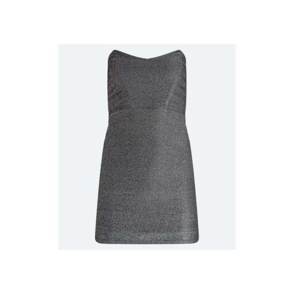 Vestido Curto em Meia Malha Metalizado com Decote Tomara que Caia Prata