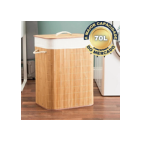 Cesto de Roupa Suja 70 LITROS Lavanderia Bambu c/ Tampa Retangular Forrado Quarto Banheiro Dobrável